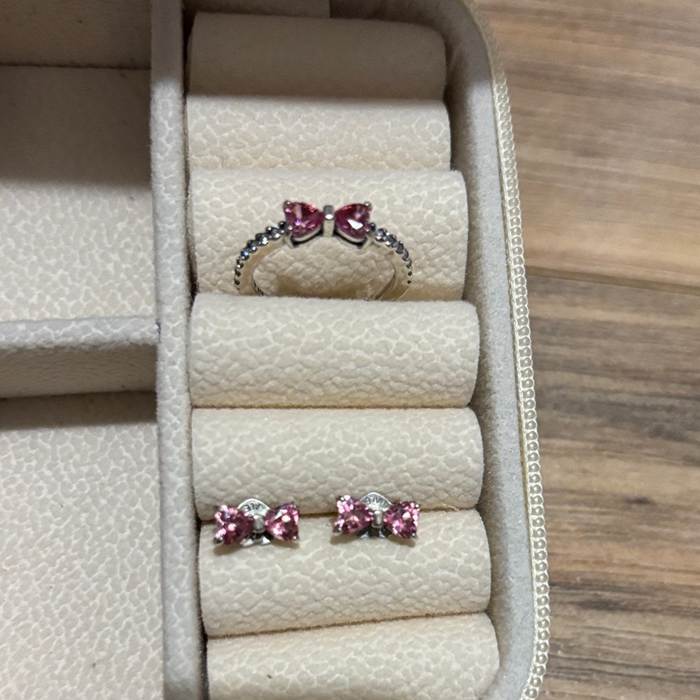 Pandora Pink Bow Ring and Earring Set